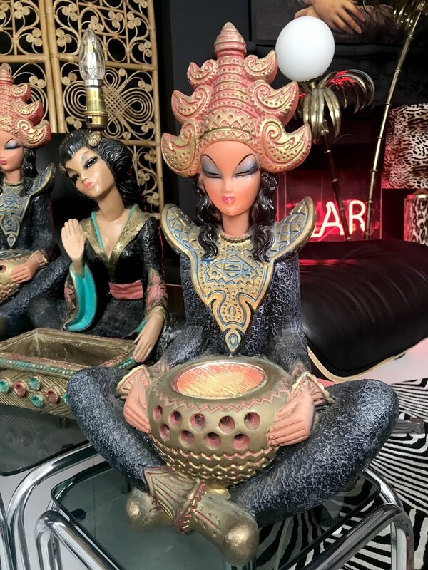 Mid Century Original 1950s Balinese Goddess Tretchikoff Era Hidden Bulb Glass Cover Chalkware Lamp