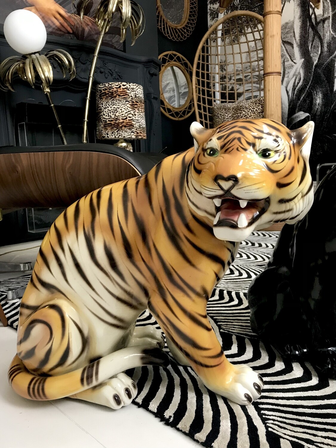 Mid Century Hollywood Regency Pottery Seated Tiger Statue Alcobaca Portugal