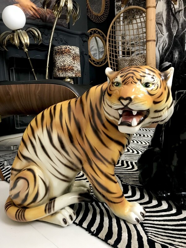 Mid Century Hollywood Regency Pottery Seated Tiger Statue Alcobaca Portugal