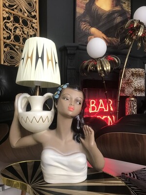 Mid Century Sassy Side Eye Polynesian Girl Chalkware Lamp 19”