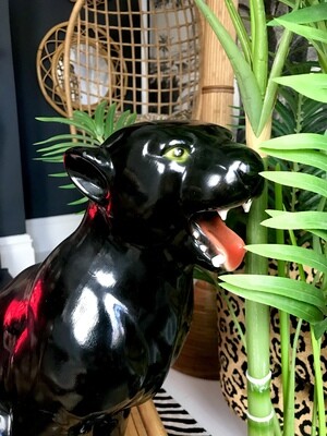 Mid Century 1960’s Hollywood Regency Large Pottery Black Panther Fireside Seated Statue