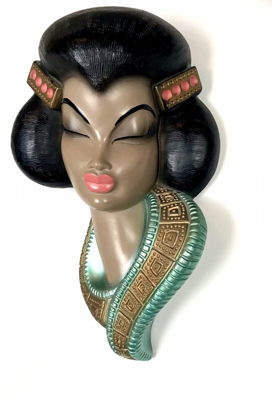 Mid Century Original Oriental Geisha Tretchikoff Chalkware Wall Mask 14”x9”