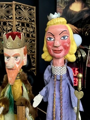 Mid Century Regal Theatre Play BBC Props Department Mixed Media Huge Queen Puppet On Wooden Stand 25”