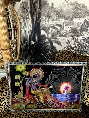 Vintage Large Hand Etched Printed Colourful Metallic Metal Hindu Krishna Spiritual Indian Art Pic 5