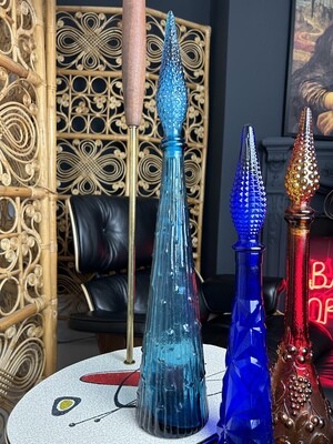 TEAL WAX DRIP Mid Century Italian Empoli Glass Conical Genie Bottle With Hobnail Stopper 22.25”