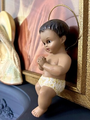 Mid Century Original 1960’s Infant Jesus Glass Eyes Religious Spanish Church Nativity Figure 8”