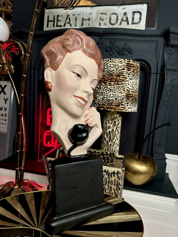 1940’s  Plaster Advertising Shop Window ‘Call Me’ Display Piece On Original Wood/Plaster Bolted Stand