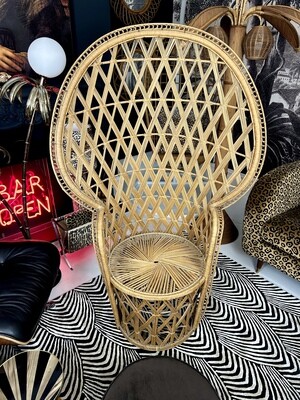 1970s Diamond Weave Extra Tall Adult Rattan Peacock Chair Quality Velvet Seat Cushion 59”