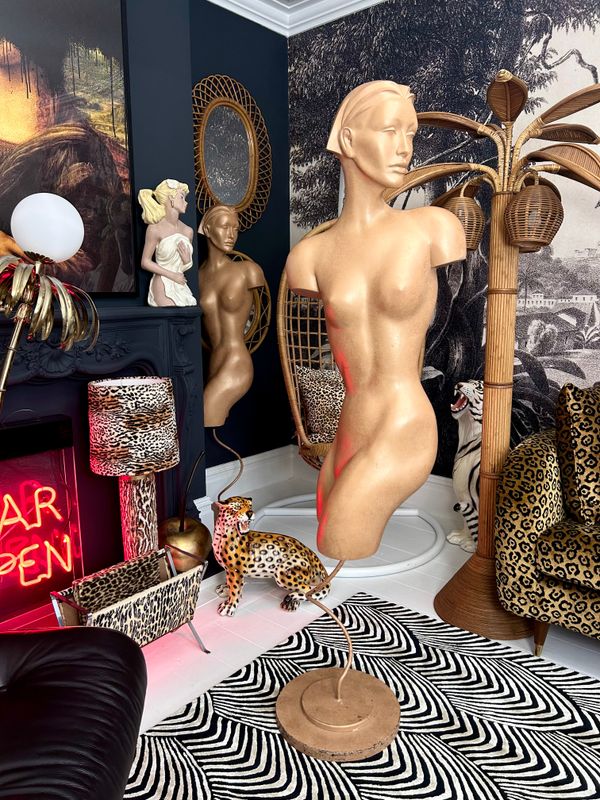 80’s Art Deco Revival Gemini London Golden Girl Spiral Metal Base Mannequin 65”