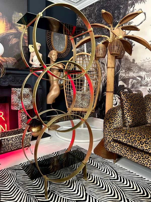 Hollywood Regency Deco Style Tri Circles Smoked Glass Shelving Gold Heavy Metal Etagere 63”