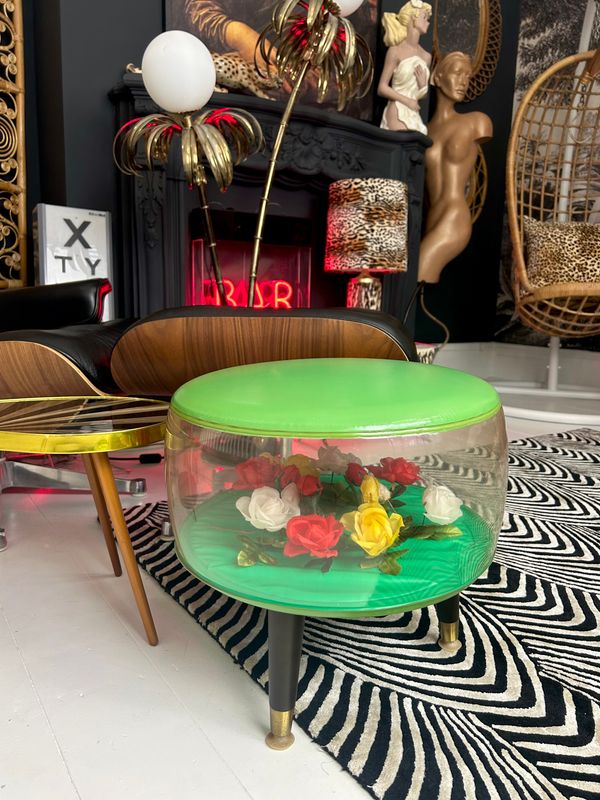 Mid Century 1960s Super Kitsch Green Inflatable Vinyl Terrarium Roses Footstool