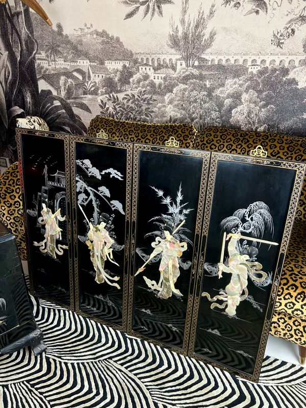 Set 4 1950’s Chinese Chinoiserie Carved Geisha Girls Black Lacquer Mother Of Pearl Wall Panels