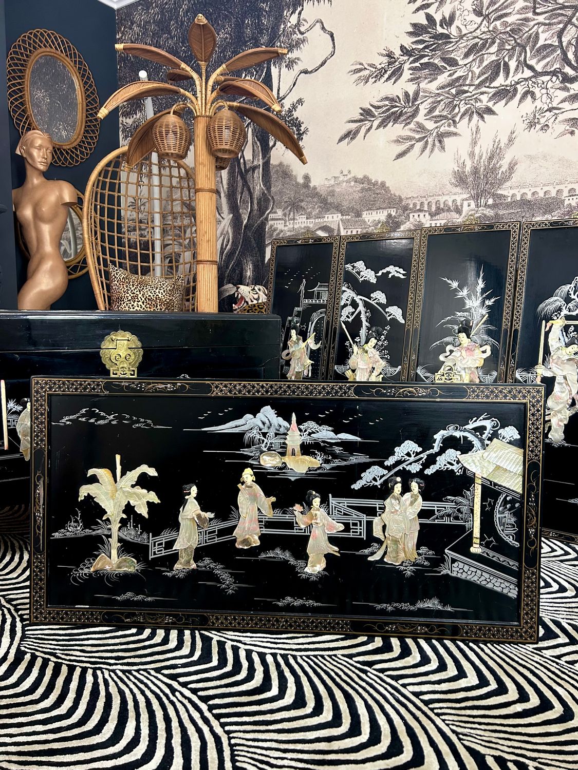 1950’s Chinese Chinoiserie Carved Geisha Girls Black Lacquer Mother Of Pearl Extra Large Wall Panel