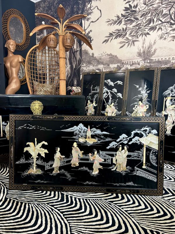 1950’s Chinese Chinoiserie Carved Geisha Girls Black Lacquer Mother Of Pearl Extra Large Wall Panel