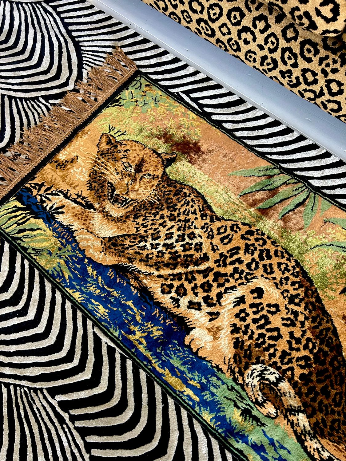 Wild Decor Textiles 1970’s Leopard Italian Velvet Tapestry Fringed Wall Hanging Rug 21”x40”