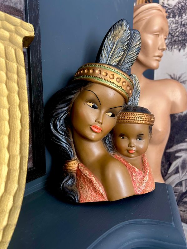 Mid Century 60’s Native American Indian Squaw Mother And Child Chalkware Wall Mask