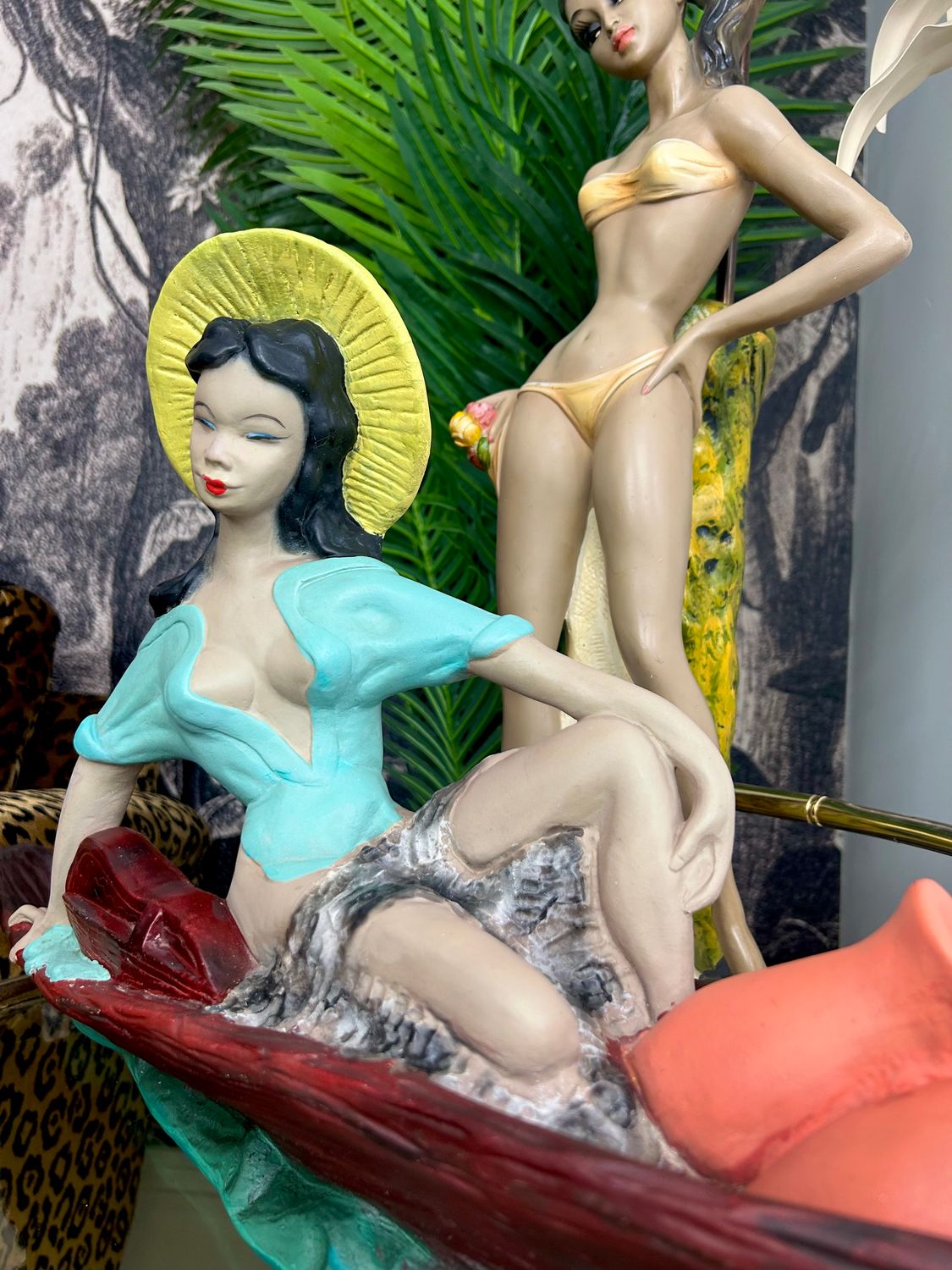 1950’s Chalkware Heavyweight Polynesian Saucy Canoe Girl W 29”