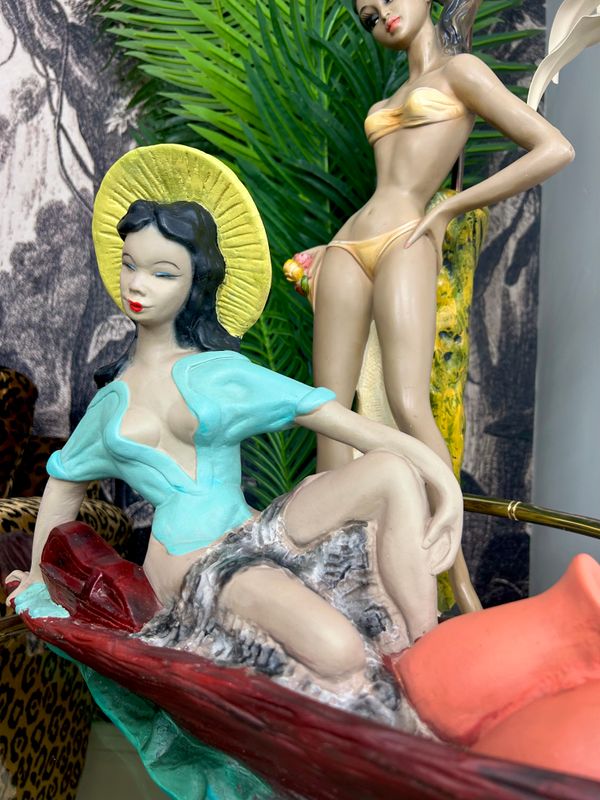 1950’s Chalkware Heavyweight Polynesian Saucy Canoe Girl W 29”