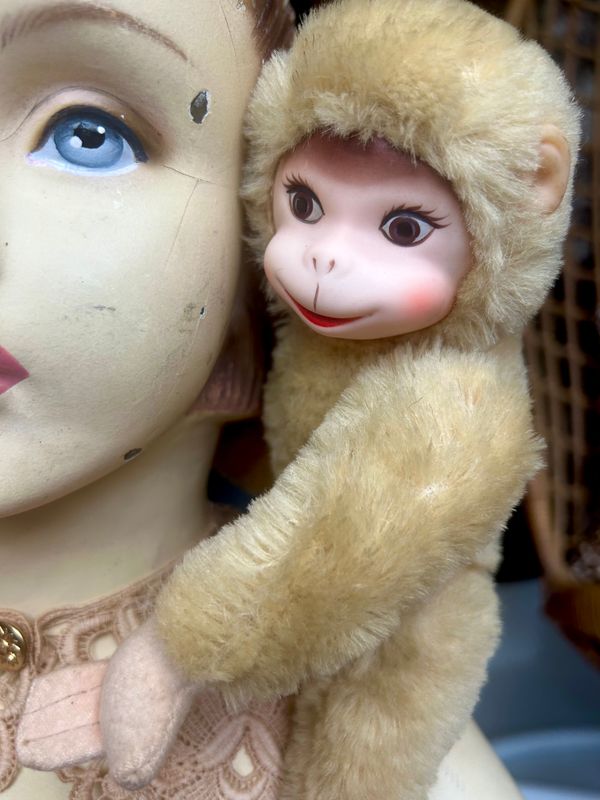 1960’s Kitsch Squeaking Schuco Mohair Rubber Face Jointed Monkey 10.5”