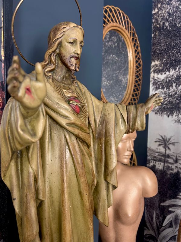 Antique 1920’s French Religious Sacred Heart Jesus Plaster Chapel Altar Statue 28”