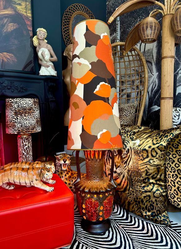 1970’s West German Pottery Twin Bulb Fat Lava Pie Crust Floor Lamp Original Conical Shade