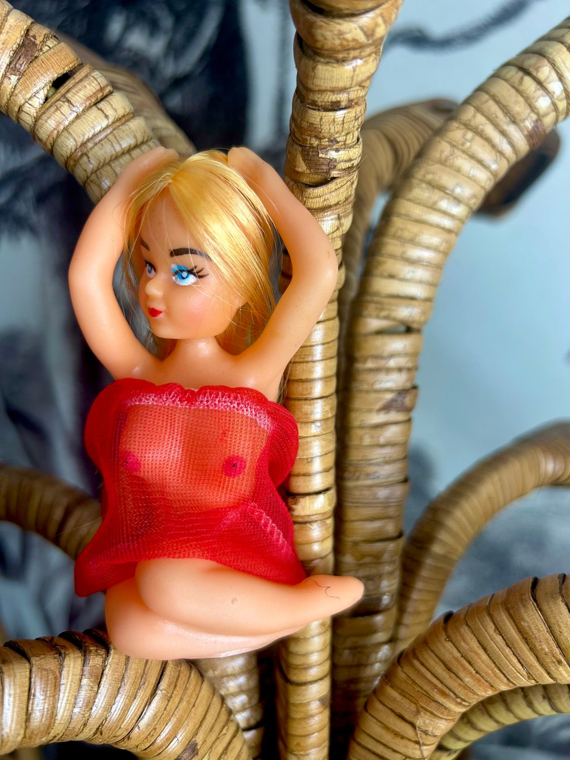 960’s Naughty ‘Nancy’ Blonde Red Negligee Hot Rod Van Life Dashboard Doll 4”