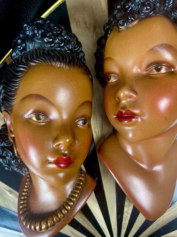 Mid Century 1950s Chalkware Sweetheart Red Lips Couple Wall Mask Pair 7”