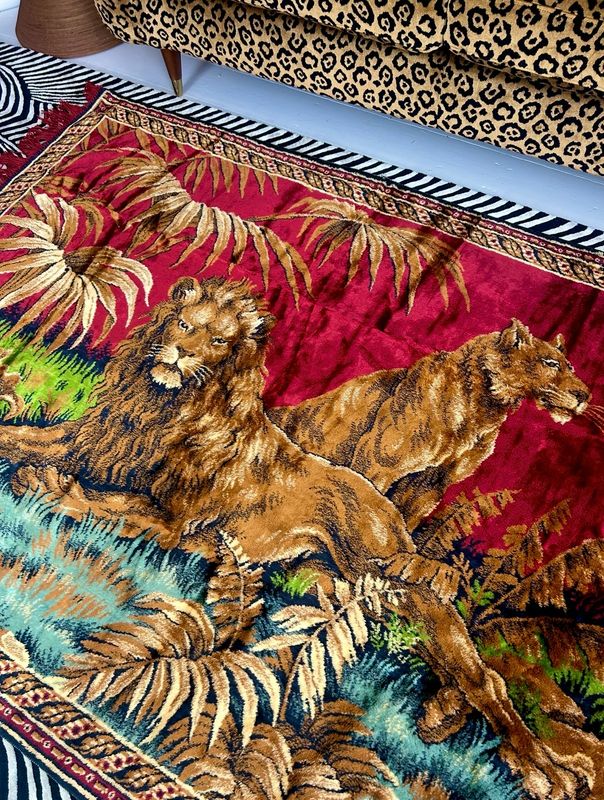 Vintage 1970’s Velveteen Lion Tasselled Tapestry Rug/Throw/Wall Decor Complete With Hanging Tabs