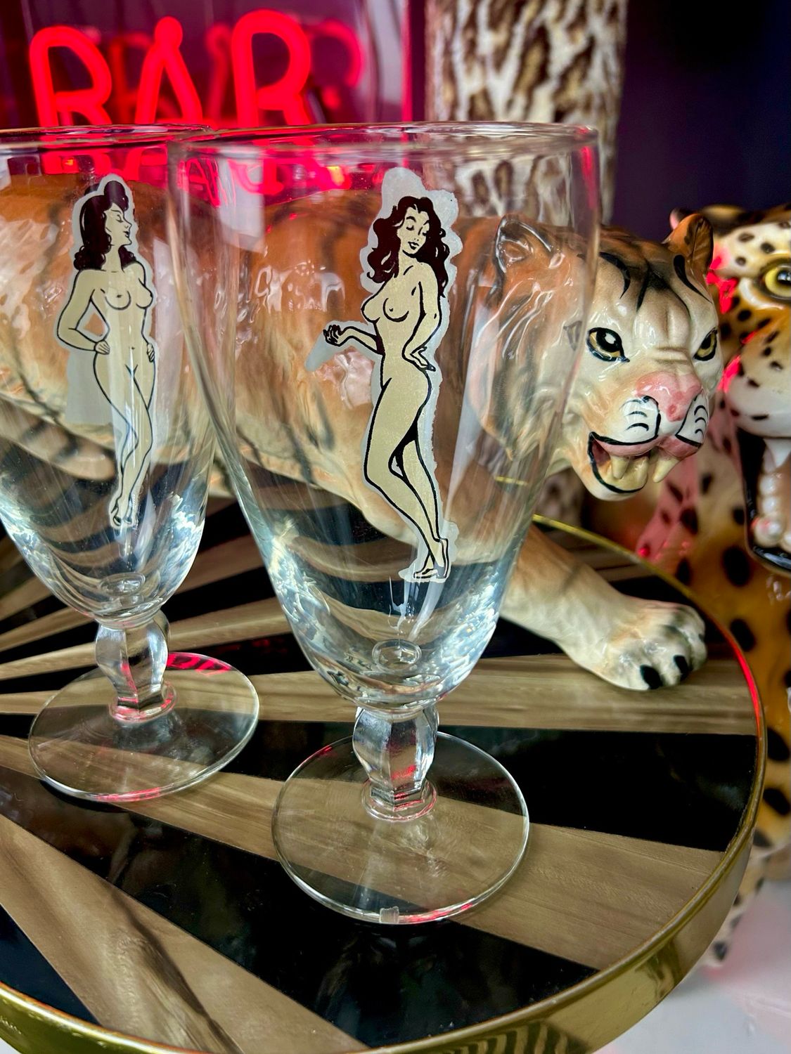 1950’s Saucy Peek A Boo Pin Up Barware Rare Half Pint Stem Drinking Glass Pair 1950’s Saucy Peek A Boo Pin Up Barware Rare Half Pint Stem Drinking Glass Pair