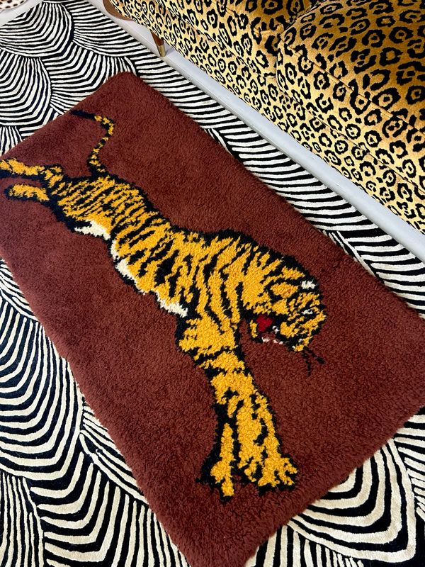 1960’s Iconic Leaping Tiger Large Handmade Latch Hook Rug Wall Hanging