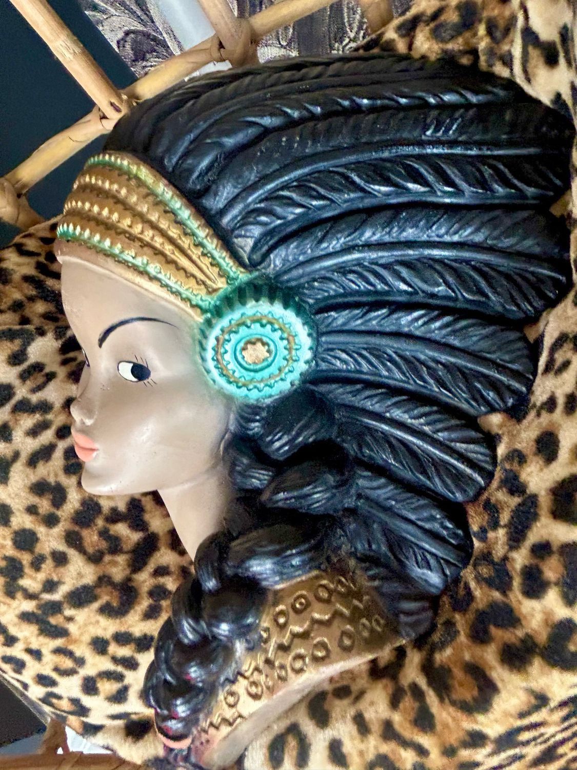 Mid Century Chalkware Native American Indian Squaw Feather Headdress Wall Mask 12” Mid Century Chalkware Native American Indian Squaw Feather Headdress Wall Mask 12”