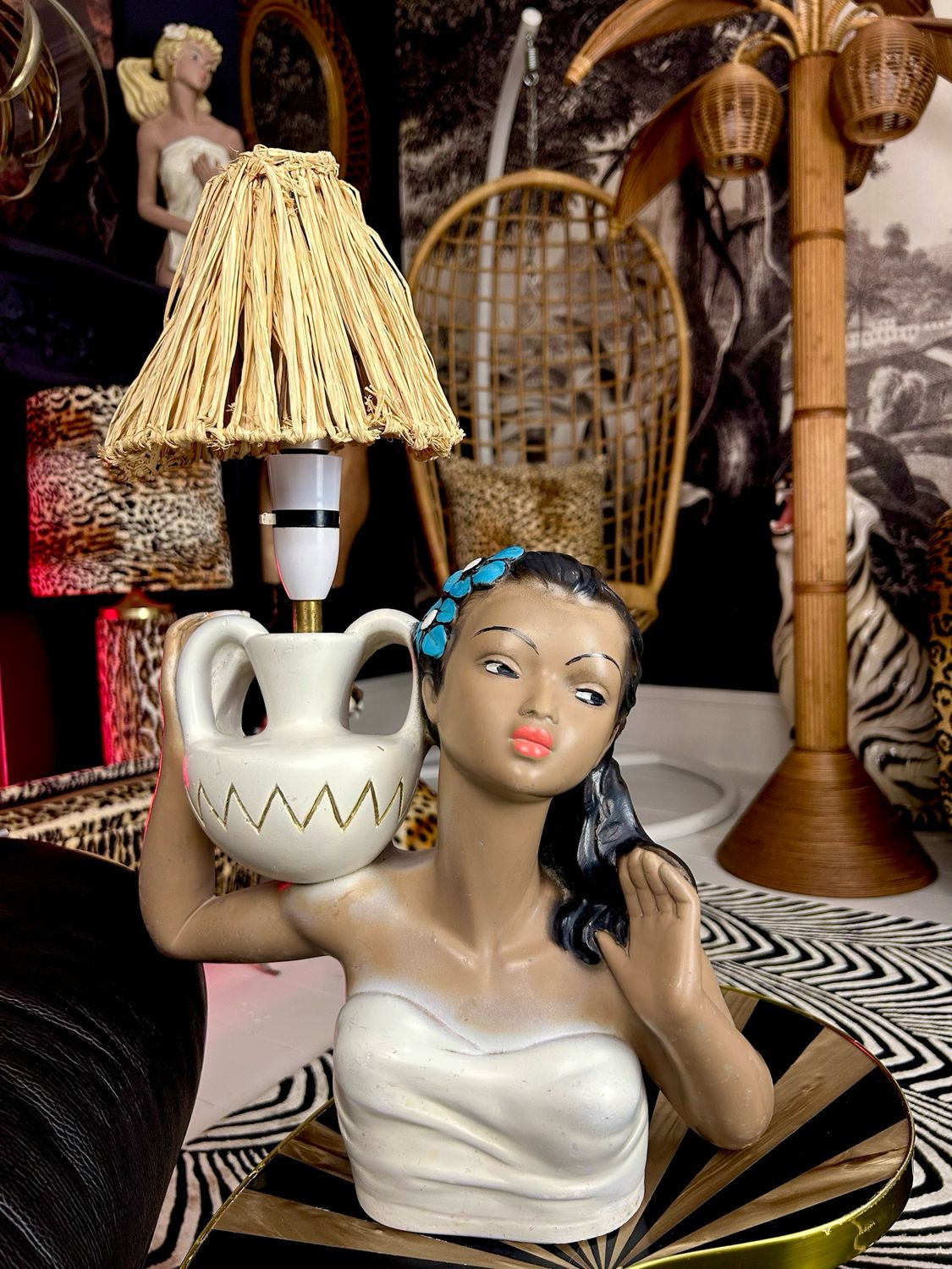 Mid Century Sassy Side Eye Polynesian Girl Chalkware Lamp Raffia Shade 20” Mid Century Sassy Side Eye Polynesian Girl Chalkware Lamp Raffia Shade 20”