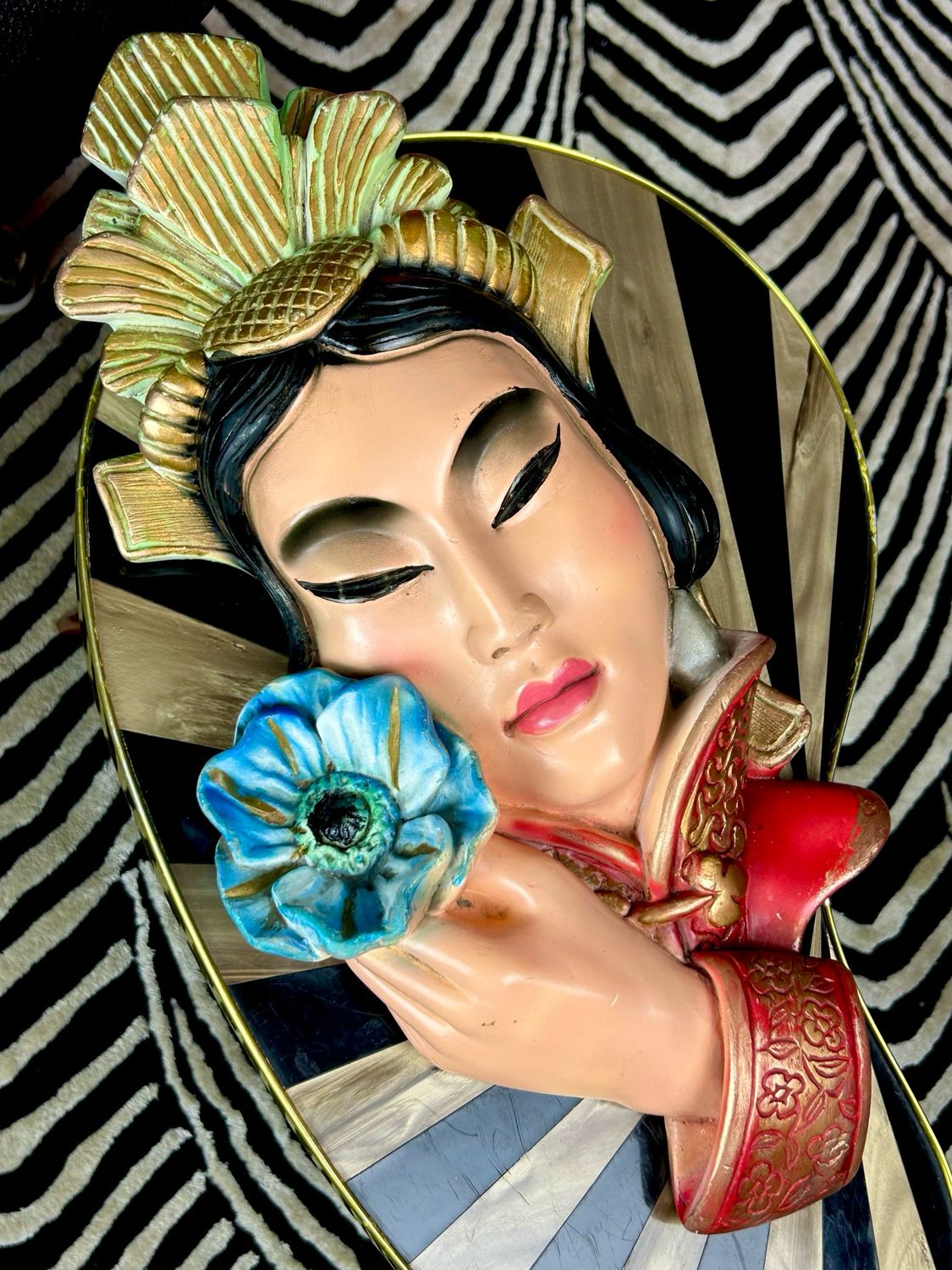 Mid Century Original Oriental Geisha Peony Chalkware Wall Mask Bacci 17” Mid Century Original Oriental Geisha Peony Chalkware Wall Mask Bacci 17”