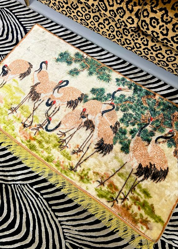 1970’s Textiles Swan Flock Of Pink Cranes Velveteen Wall Tapestry 43”x26”