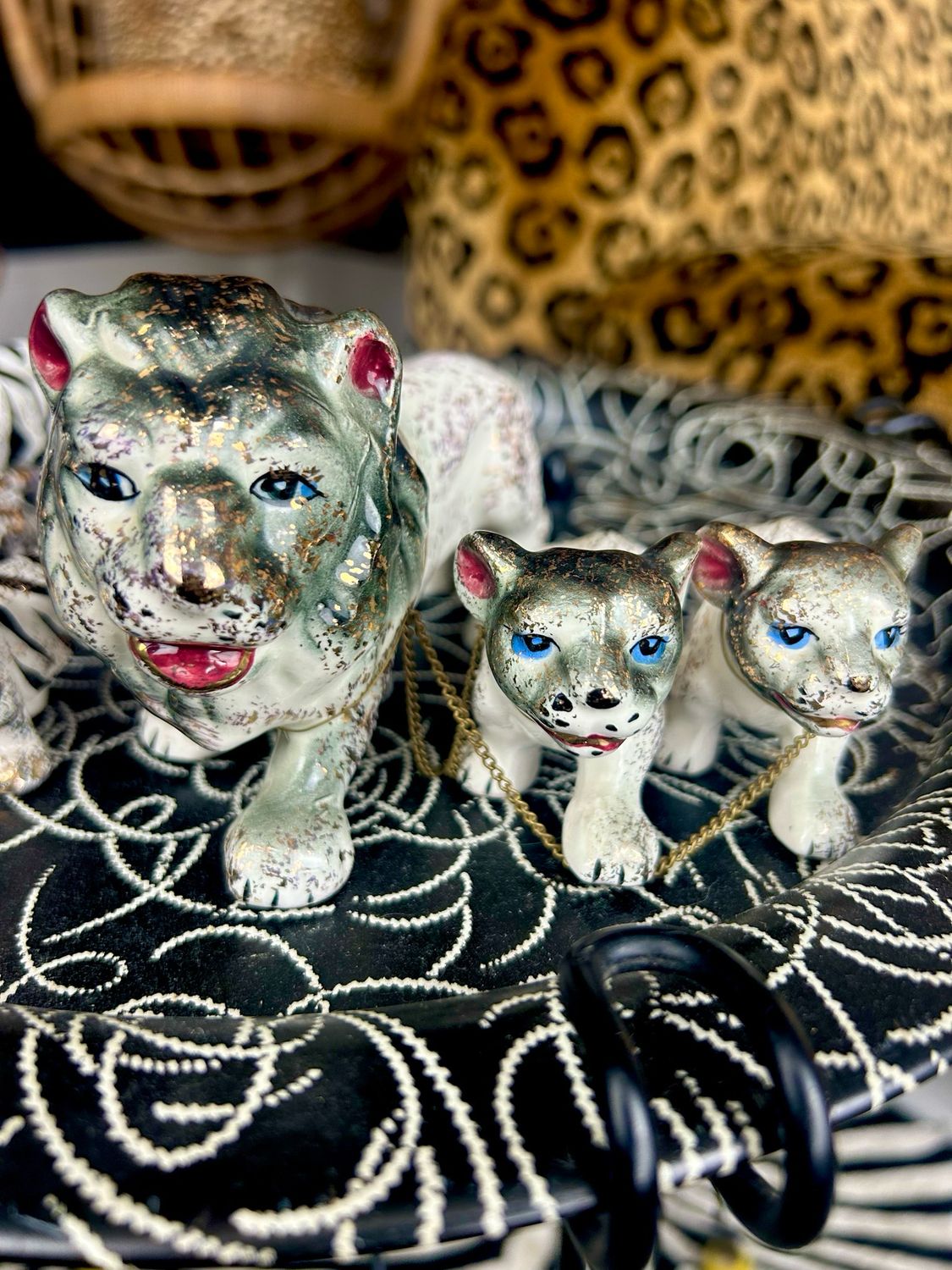 Mid Century 1950’s Napco Japan Gold Glaze Pottery Lioness Mama With Chained Cubs