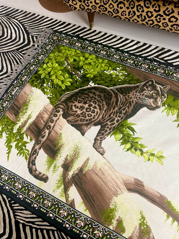 Vintage 1970’s Leopard Cotton Felt Wall Hanging Tapestry Throw Rug 38”x51”