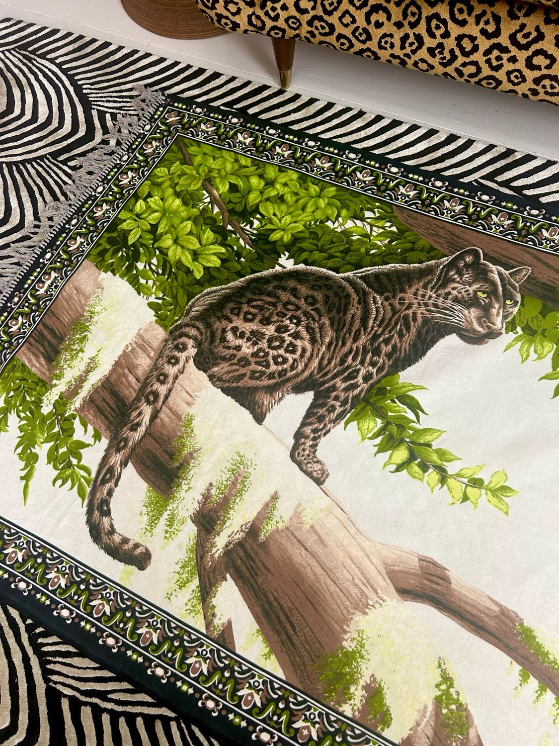 Vintage 1970’s Leopard Cotton Felt Wall Hanging Tapestry Throw Rug 38”x51”