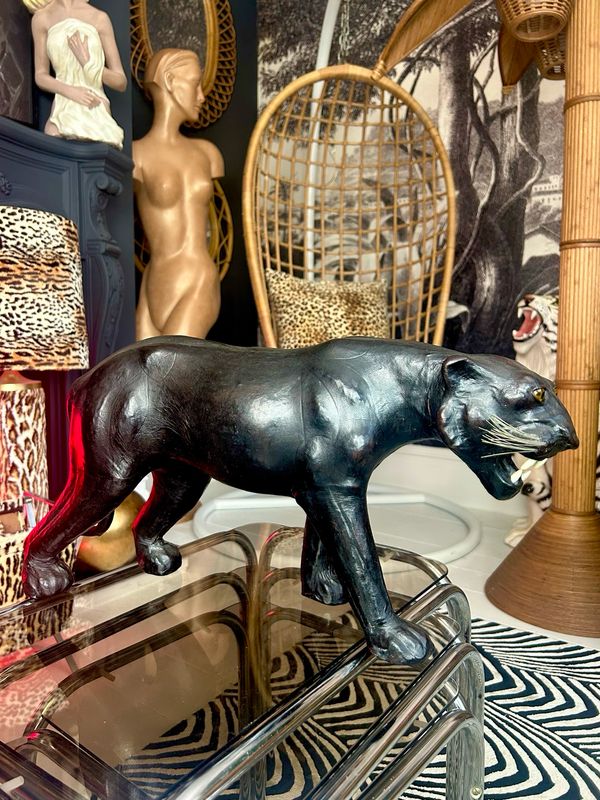Wild Decor Mid Century Large Black Leather Wrapped Panther Liberty Of London Style 21”x 10”
