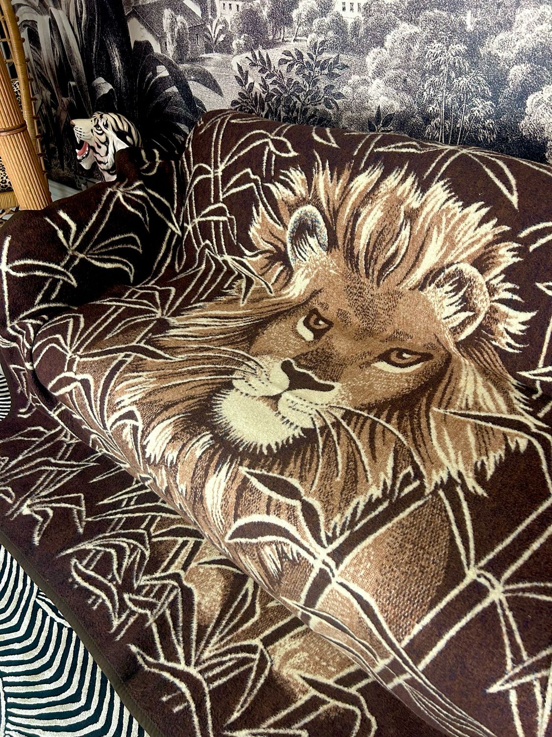 1970’s Biederlack King Of The Jungle Big Cat Reversible Fleece Blanket Throw 89”x86”