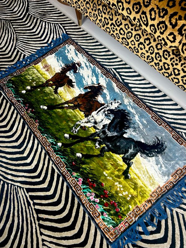 1970s Textile's Swan Galloping Horses Velveteen Tapestry Fringed Wall Hanging Rug 43”x20”