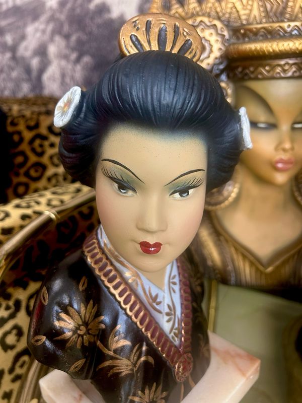 Geisha ‘Haluna’ 1950’s Model Arnova 161 Chalkware Marble Base Bust Statue 11.5”