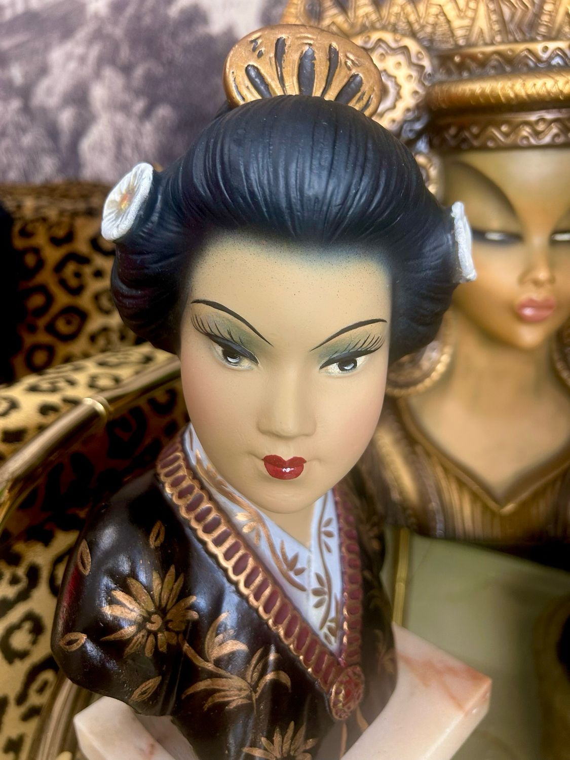 Geisha ‘Haluna’ 1950’s Model Arnova 161 Chalkware Marble Base Bust Statue 11.5”