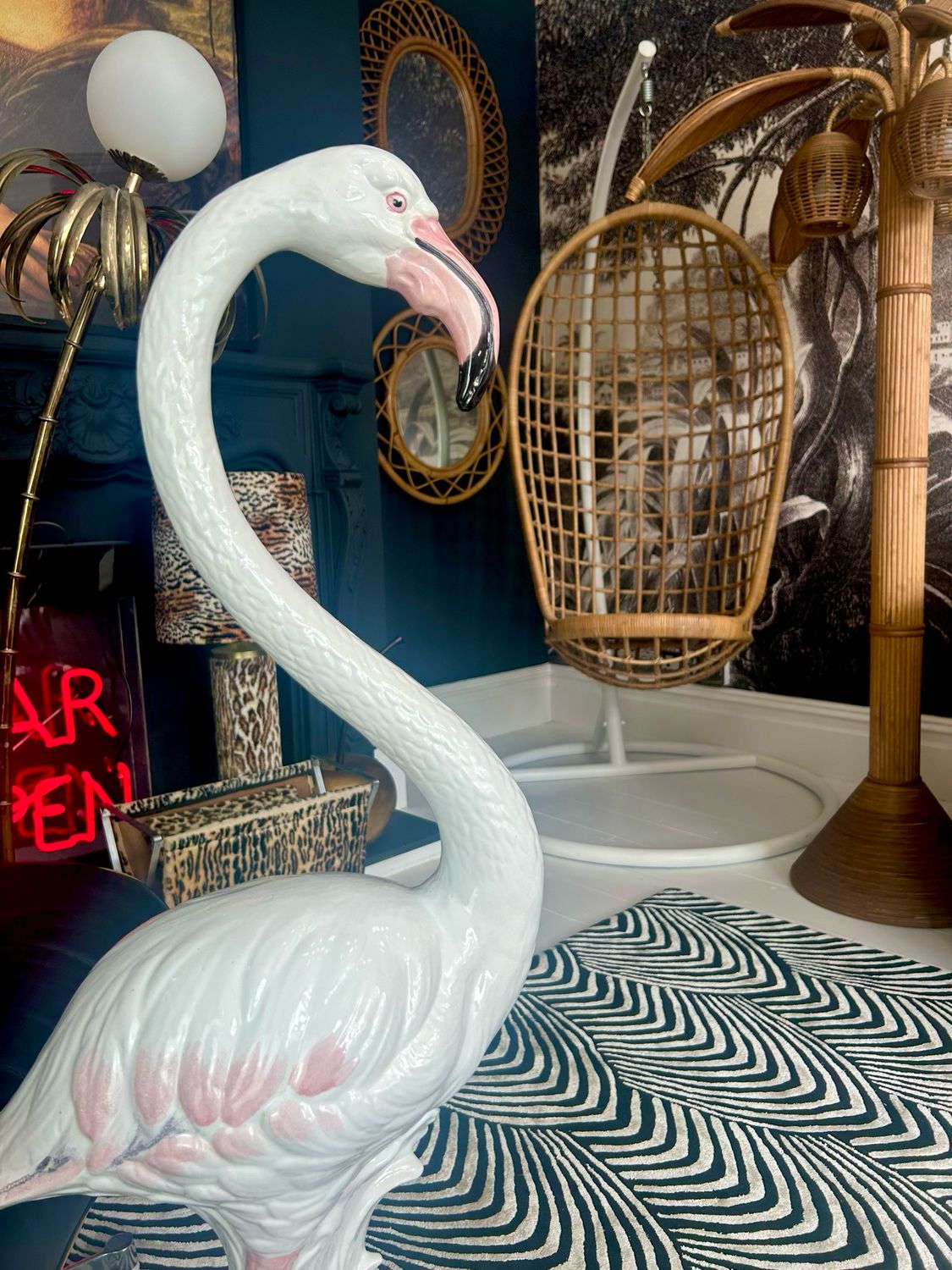 1970s Hollywood Regency Palm Springs Italian Ceramic Hand Painted White Flamingo Statue 40”