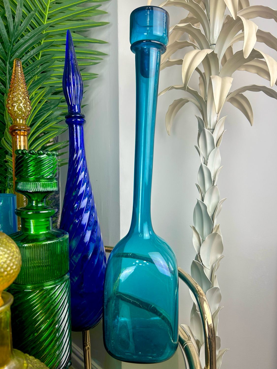 1960’s Oversized Turquoise Blue Bent Long Neck Blown Glass Decanter Manner Of Blenko 22”x4.5”