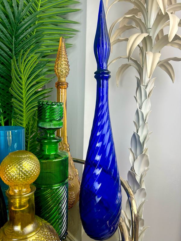 Mid Century 60’s Empoli Glass Cobalt Blue Spiral Twist Genie Bottle 22.5”x 4”