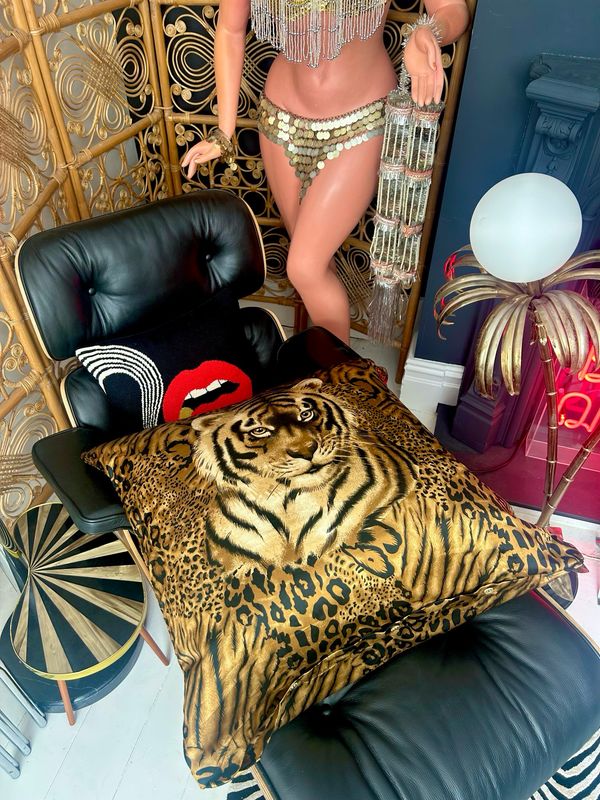 1980’s Textiles Bengal Tiger Satin Floor Cushion Button Cover New Feather Insert