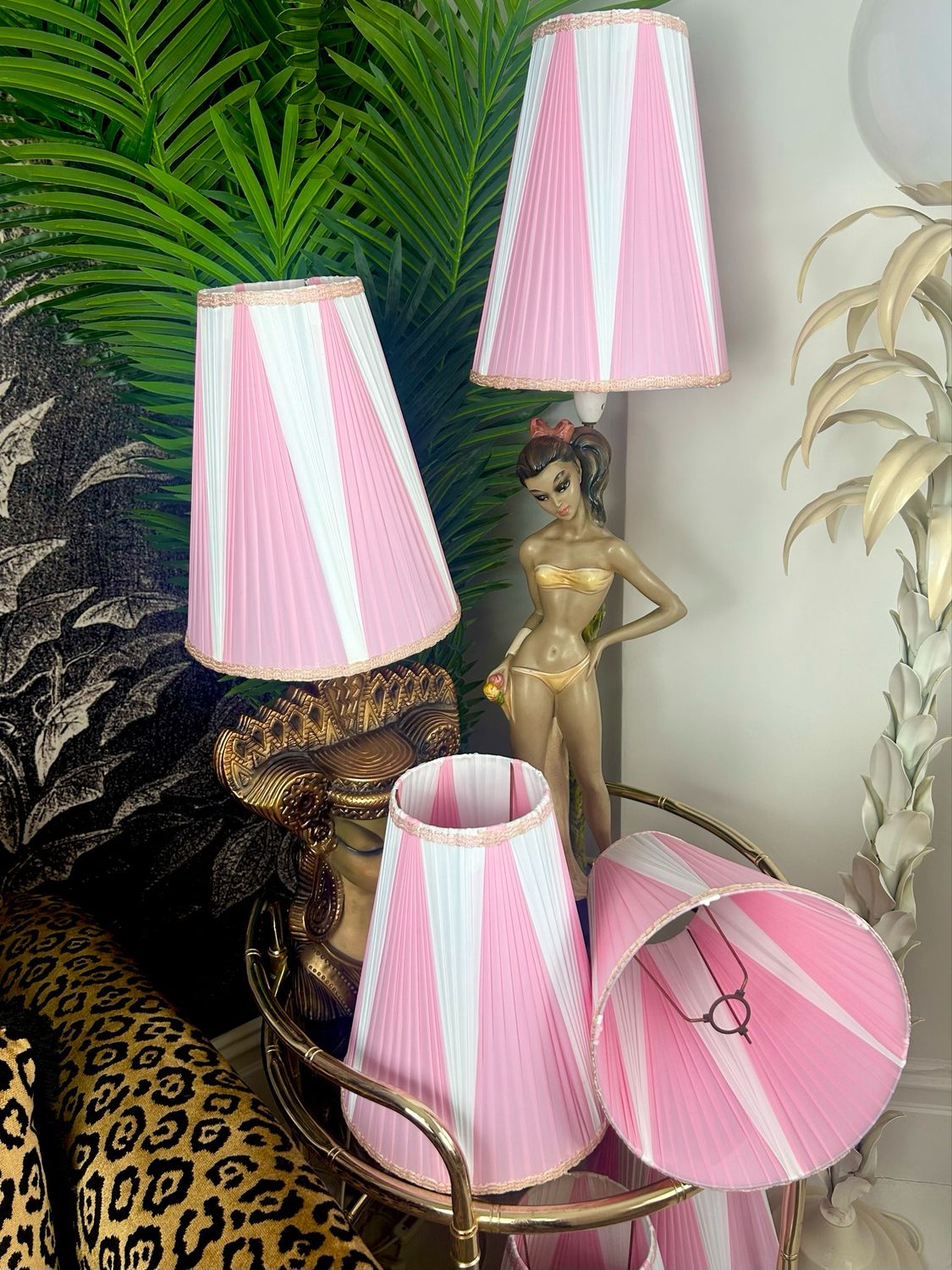 1950’s Deadstock Large Pink/White Striped Plastic Ribbon Conical Retro Rockabilly Lampshade 12.5”