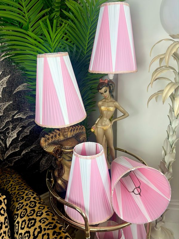 1950’s Deadstock Large Pink/White Striped Plastic Ribbon Conical Retro Rockabilly Lampshade 12.5”