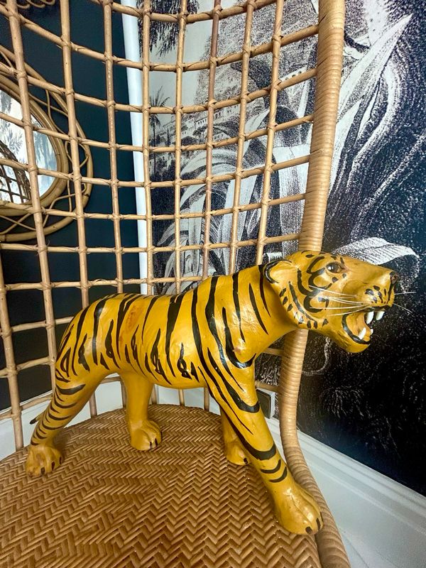 1960’s Large Leather Wrapped Papier Mache Prowling Glass Eyed Tiger 22”