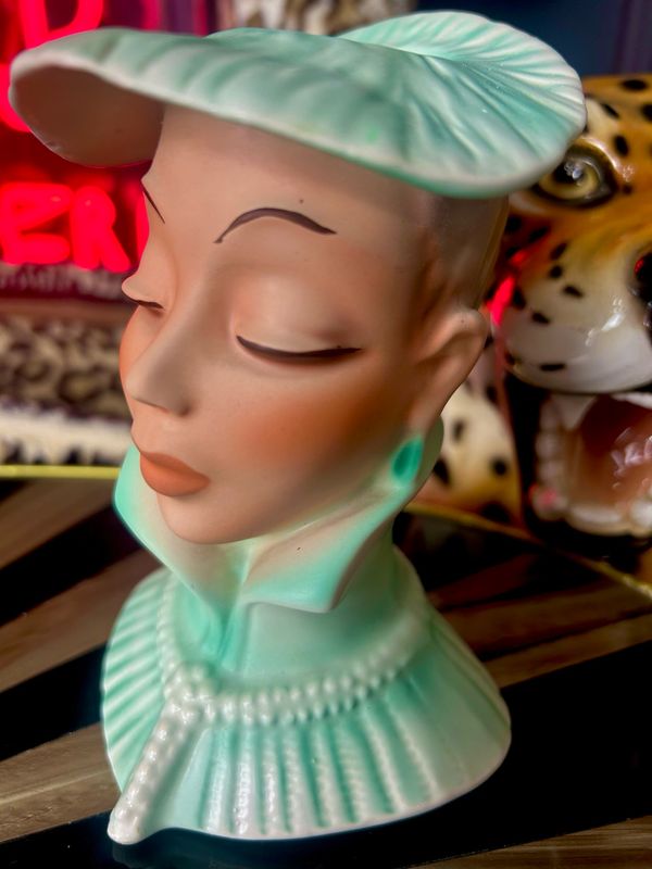 1950’s Green Cortendorf Western Germany Large Pottery Lady Head Vase Wall Pocket 6”